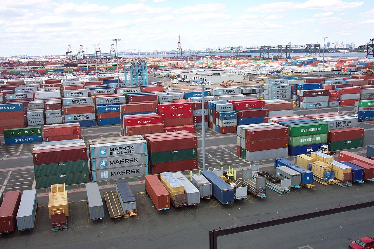 Shipping containers stacked at a terminal
